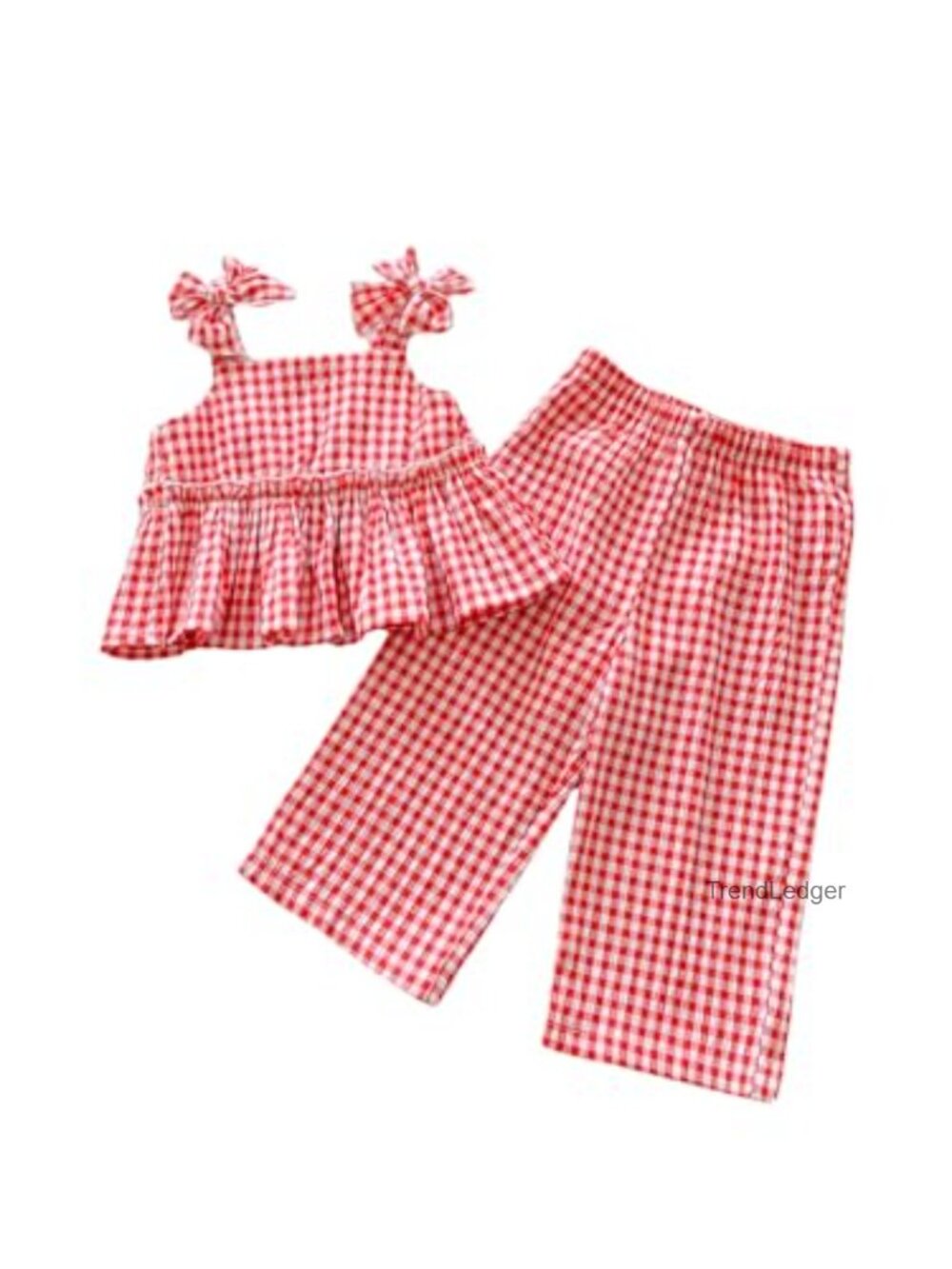 Girls 2 Piece Gingham Bow Ruffle Top Wide Leg Pants Summer Set